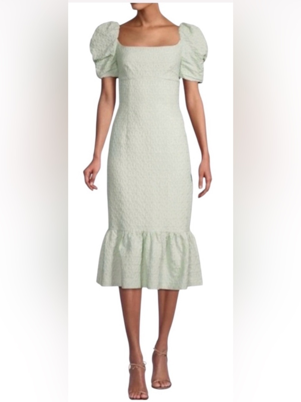 RACHEL PARCELL Small Green Cloque Puff Sleeve Midi Dress Orig$240 Excellent Cond
